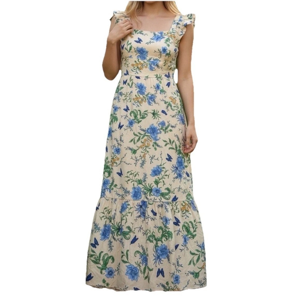 London Times Maxi Dress Plus 22W Cream & Blue Floral Butterfly Garden Flutter